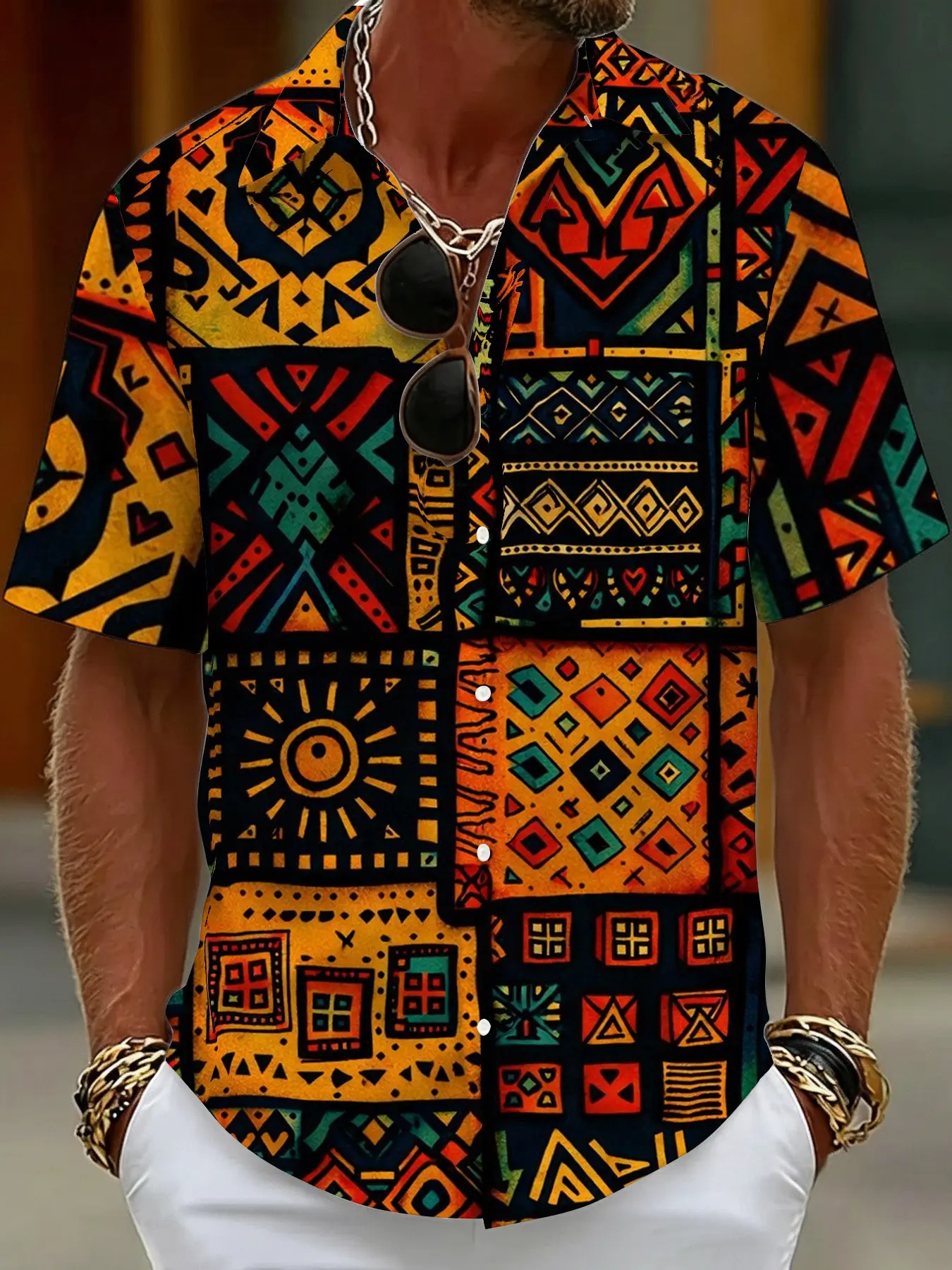 Orange, Yellow, and Black African Tribal Ethnic Cultural Geometric Totem Print Casual Pattern Stylish Clothing Fashionable Casual Wear Collared Short-Sleeved Men's Shirt