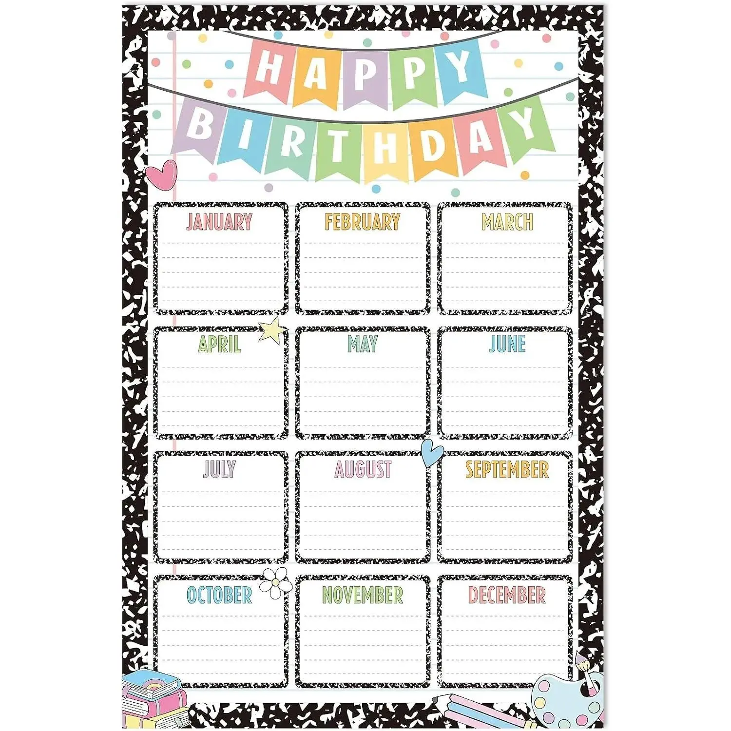 Happy Birthday Chart for Classroom Decor Composition Notebook Birthday Calendar Back to School Decorations Wall Hanging Class Bulletin Board Sign Schoolgirl Style Birthday Poster Classroom Decorations