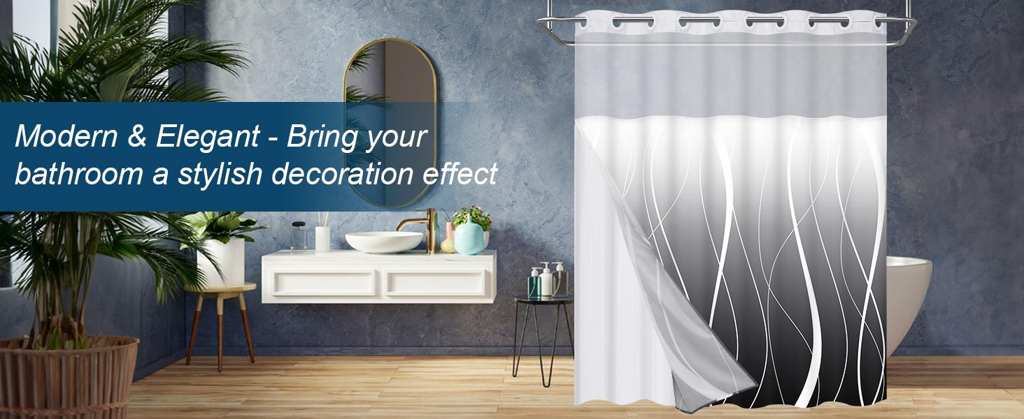 No Hook Shower Curtain with Snap in Liner, Modern Striped Hotel Shower Curtain and Liner Set, Ombre See Through Shower Curtain with Window, Double Layer, Washable