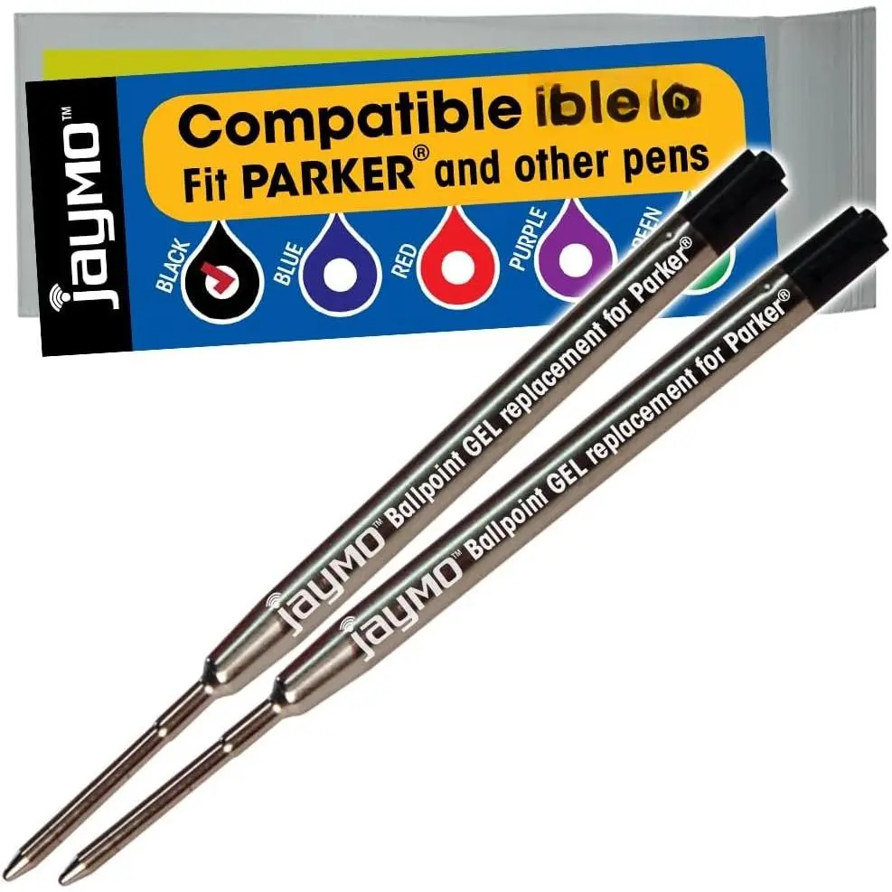 Jaymo G2 Gel Ballpoint Pen Refill with Ballpoint Tip, Smooth Ink, Metal Shaft - Compatible with Parker Pens 30525PP and Bastion - 3.875 in/98 mm Long, 2 Black Gel Refills, Gel Refill