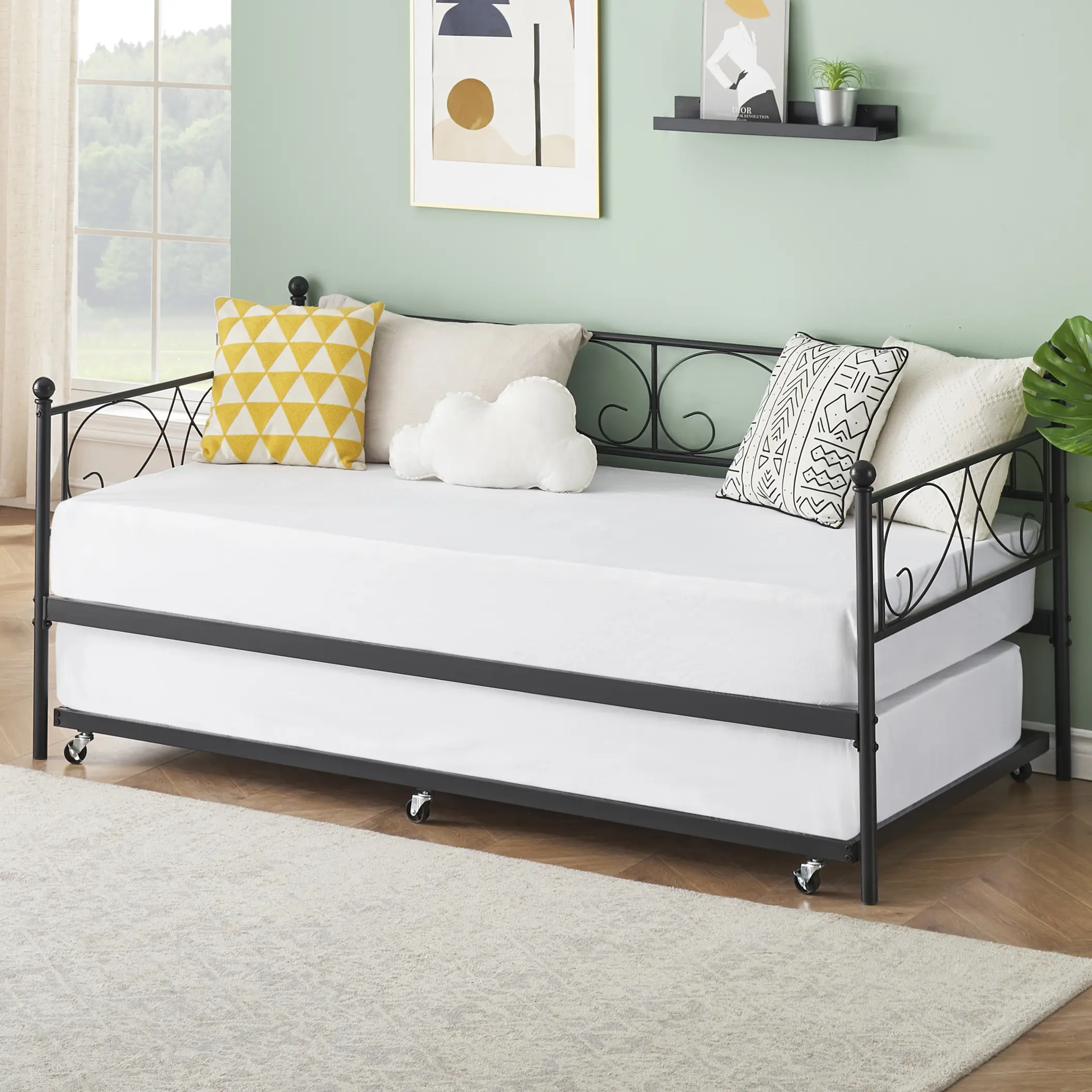Twin Metal Storage Pull Out Daybed Frame with Trundle - Heavy-Duty Sofa Bed with Steel Slats, Headboard - No Box Spring Needed, Contemporary Space-Saving, Assembly Required - Black or White (for Bedrooms)