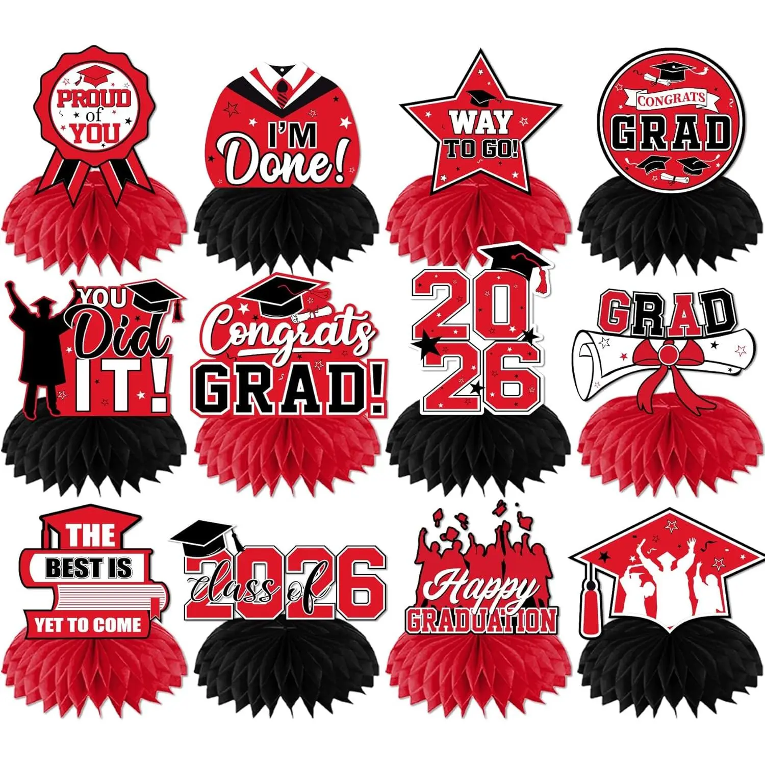 Class of 2026 Graduation Centerpiece Set - Red and Black Geometric Honeycomb Tabletop Decorations with "Congrats Grad" Congratulatory Message, Party Supplies & Gifts