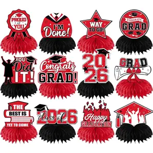 Red and Black Graduation Decorations 2026 Honeycomb Centerpieces, Class of 2026 Graduation Centerpieces for Tables Red Congrats Grad Table Decorations