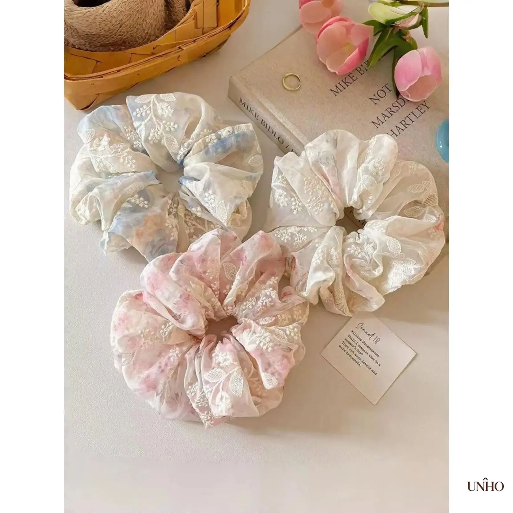 3-Pack Embroidered Floral Gradient Fabric Scrunchies, 3D Hand-Stitched Flower High-Elastic Hair Ties, Soft Gentle No-Damage Hair Accessory, Romantic Feminine Decor For Daily Casual Hairstyles, Dating & Spring Summer Outfits, Cross-Border Embroidery Hair J