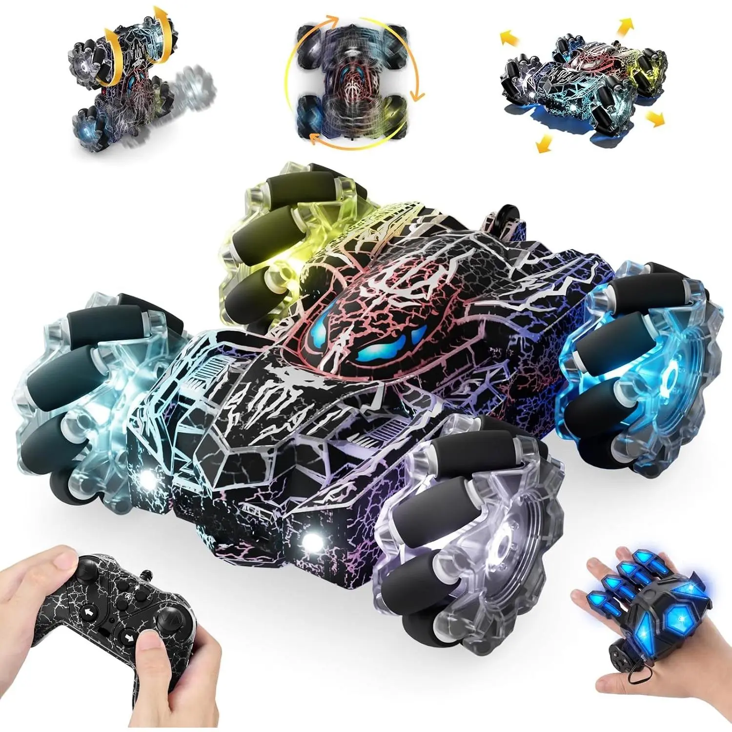 Spider Gesture Sensing Remote Control Car Toys Birthday Gift for Boys 3 4 5 6 7 8 9 10 11 12, Double Sided RC Cars with Full-Body Light, 2.4GHz Hand Controlled Rechargeable RC Stunt Car - Black