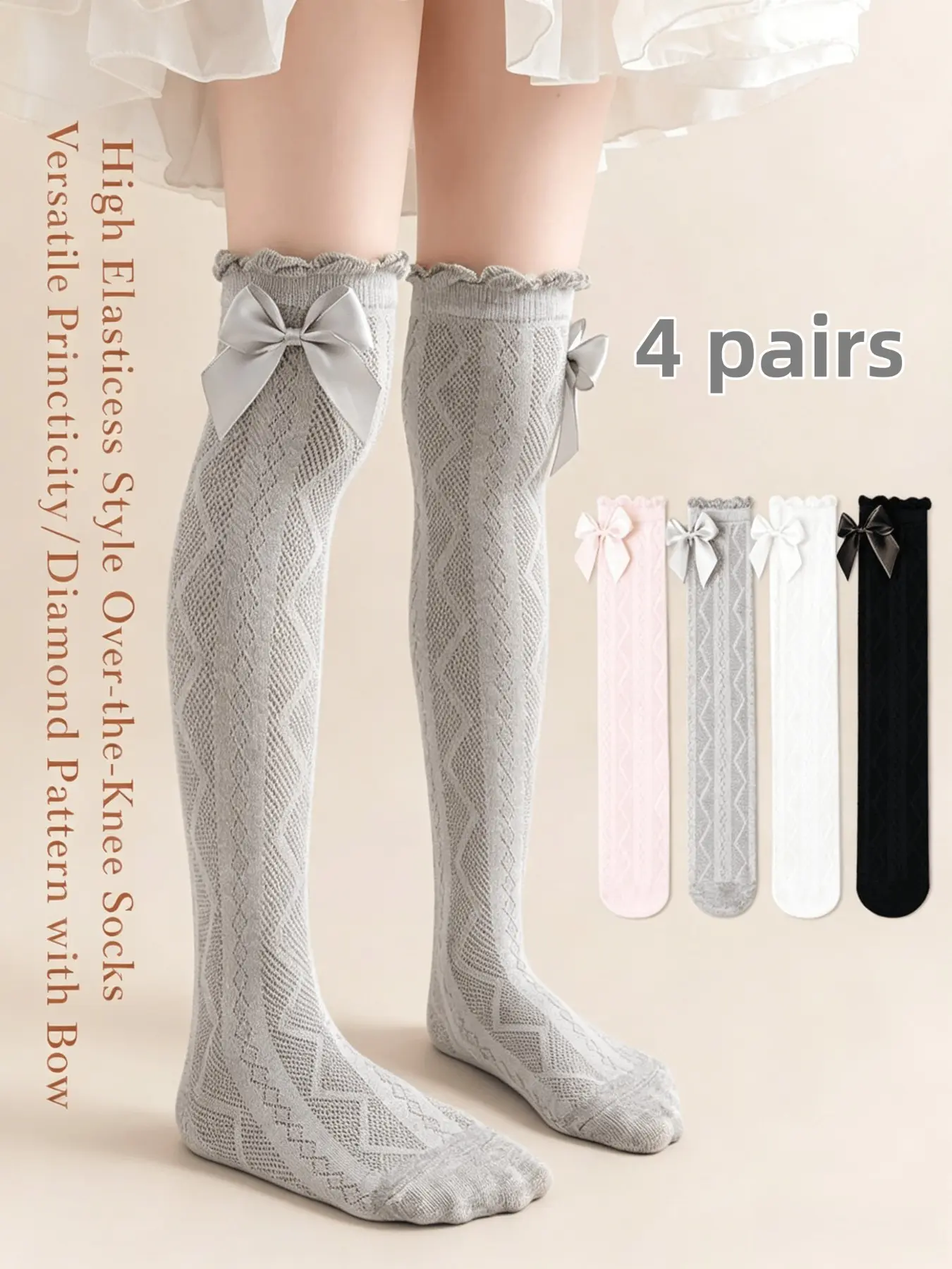 4 Pairs Bow Infant Knee-High Socks for Girls Ages 2-12, French Sweet Style, Multi-Color, Perfect for Dresses and Cute Socks