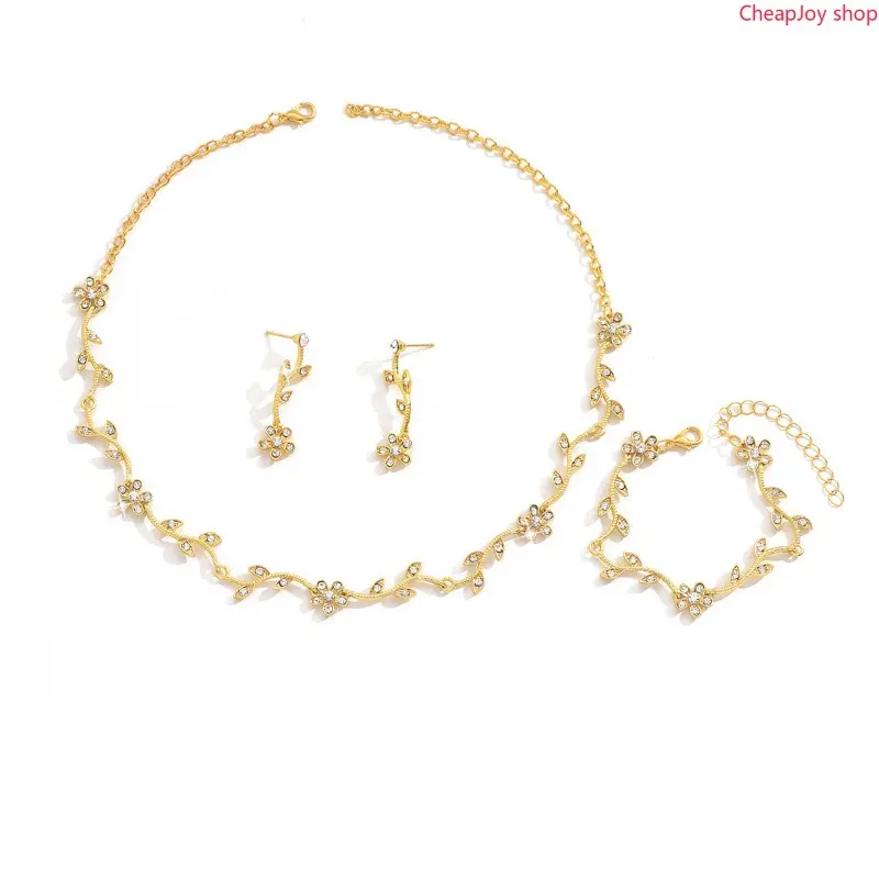 Sparkling Rhinestone Floral Leaf Jewelry Set 3Pcs, elegant light-luxury matching necklace earring bracelet combo, chic everyday accessory for casual daily outfits, wedding parties and seasonal holiday gift matching