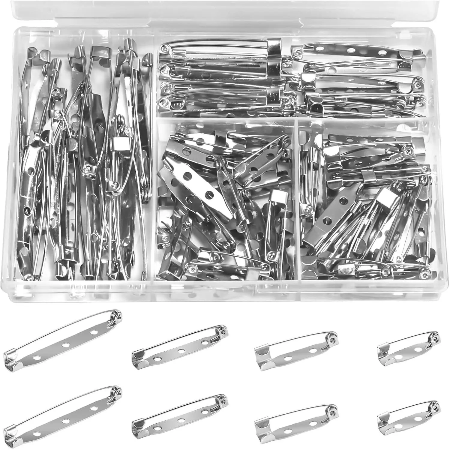 100pcs Brooch Pin Backst - 4 Siezs 0.78 in/1 in/1.4 in/1.77in Silver Bar Pins & Clasp Backings for Jewelry Making, Badges, Crafts, Name Tags and DIY Accessories