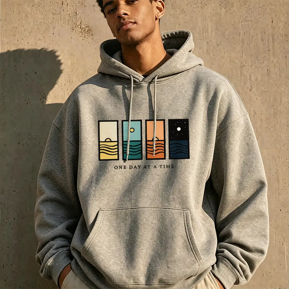 Minimalist Graphic Hoodie for Men, One Day At A Time Quote Sweatshirt, Vintage Casual Streetwear Pullover