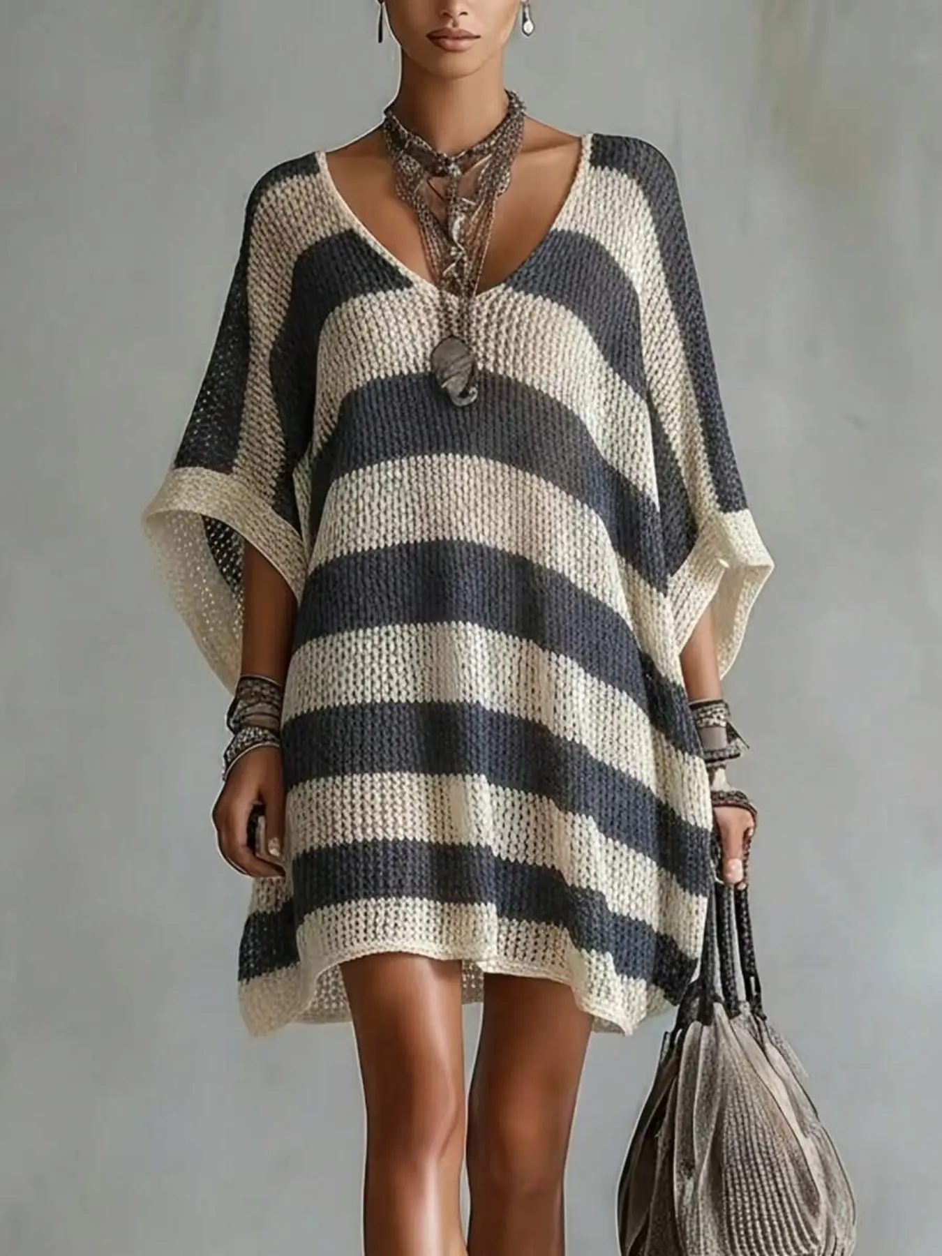 Vintage Striped Hollow Out Knit Dress, Unique Design V Neck Batwing Sleeve, Loose Fit Sun Protection Top, Comfortable Lazy Style Knitwear, Breathable Casual Dress