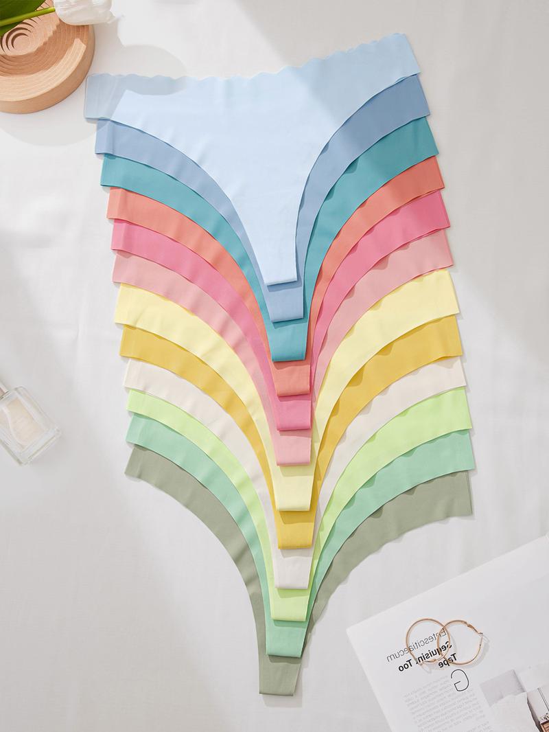 Women's Solid Scallop Trim Thong, Soft Comfy Breathable Seamless Drop Waist Panties for Daily Wear, Ladies Underwear for All Seasons, Panties Collection, Seamless Panties Set