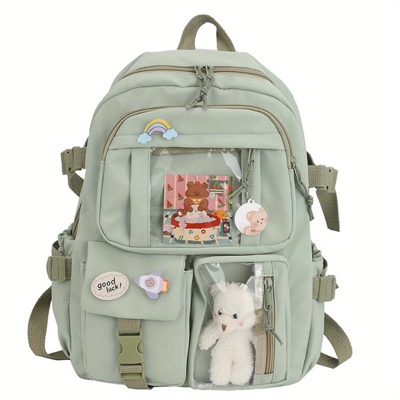 Kawaii backpack with pinned accessories plush pendant, cute aesthetic school backpack, women's large capacity laptop backpack