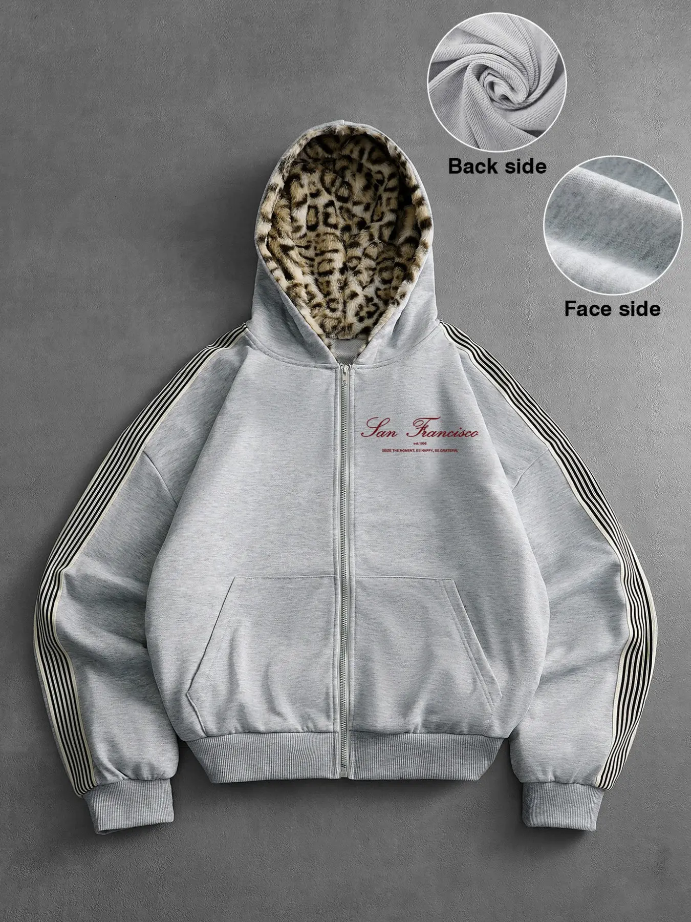 Men's High Street Leopard Print Hoodie, Thickened Lined, Vintage Letter Stripes, Loose Fit, Zip-Up Open Front Jacket