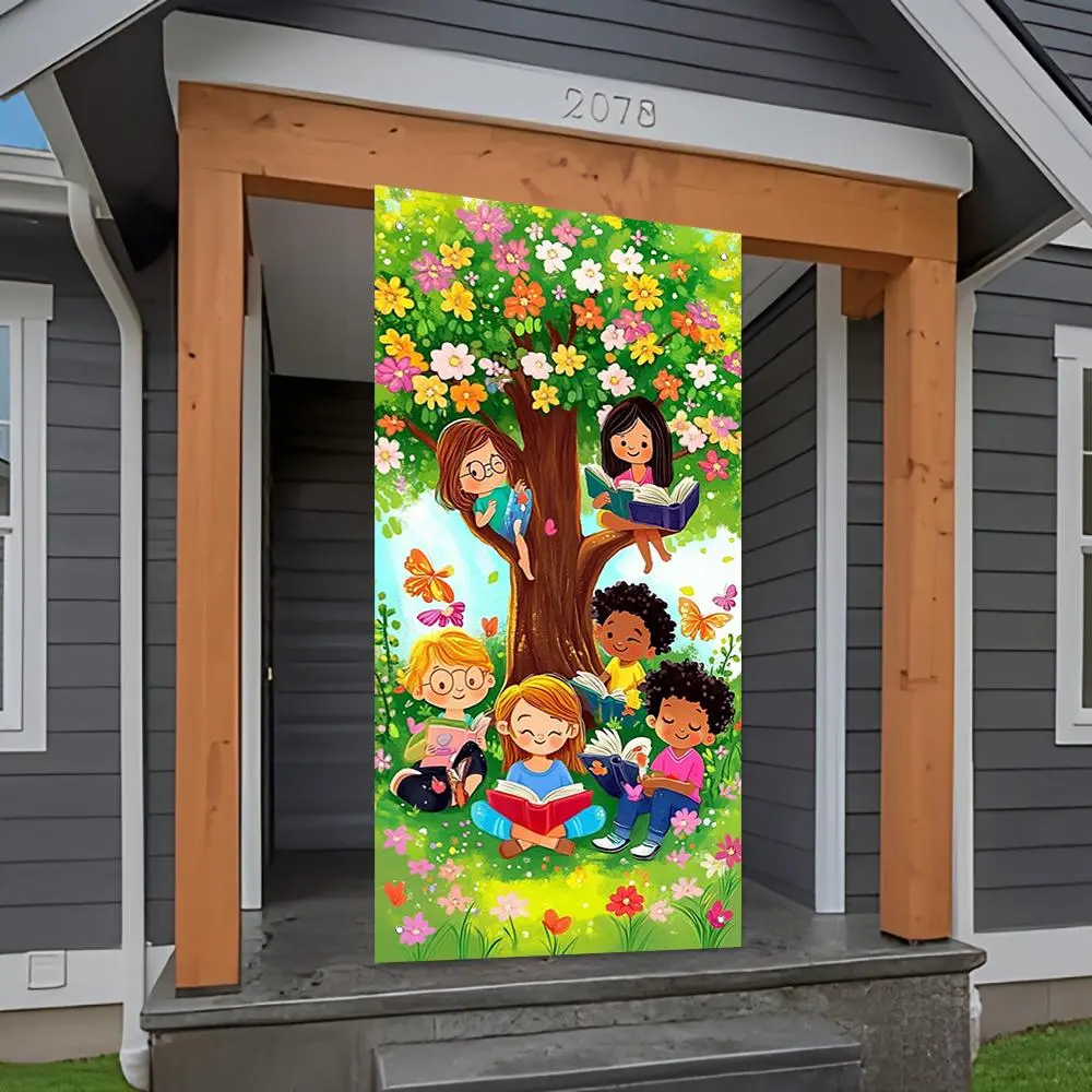 Polyester 2D Flat Banner Photography Backdrop Cloth - 2 Sizes (70.9*34.4In/180*90Cm), Soft, Lightweight, Foldable, Machine Washable, HD Digitally Printed Colorful Print Cartoon Reading Under Tree Design - Ideal for Library, Festive & Party Decor, Two Size