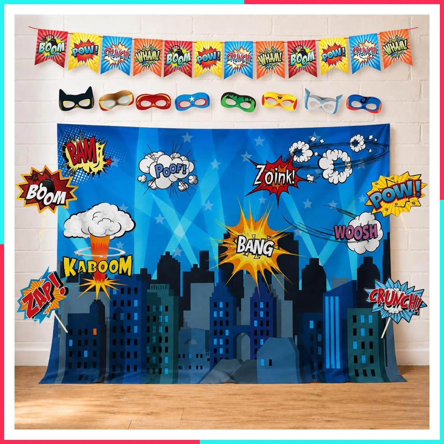 Superheroes Theme Party Photography Backdrop with Props, Flag & Mask - Cityscape Photo Booth Background for Kids Birthday Wall Decorations