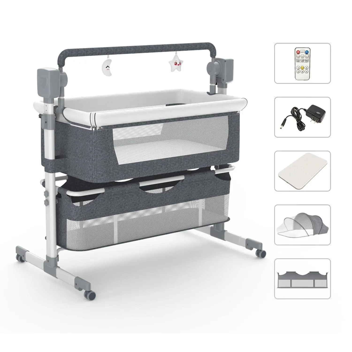 Aobtkel Baby Bedside Crib with Automatic Rocking, 5-Speed Electric Bassinet for Newborns, Remote Control, Built-In Music, 3 Timer Settings, Adjustable Height, Locking Wheels, Mattress, Mosquito Net & Storage Basket