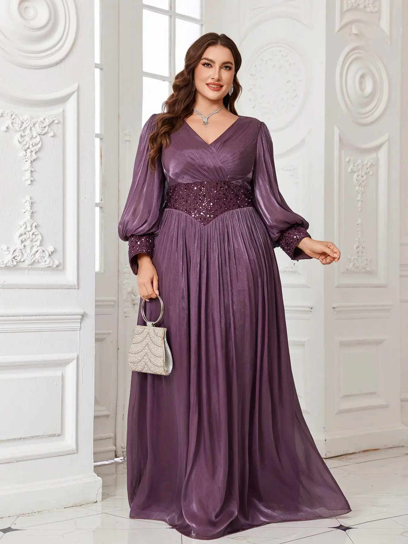Plus Size V Neck Lantern Sleeve Beaded Patchwork Chiffon Bridesmaid Evening Gown Dress, Elegant Party Wear, Formal Event Attire