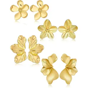 Gold Flower Statement Earrings for Women, 14K Gold Plated Large Irregular Leaf Drop Earrings, Big Chunky Dangle Floral Earrings Set for Gift