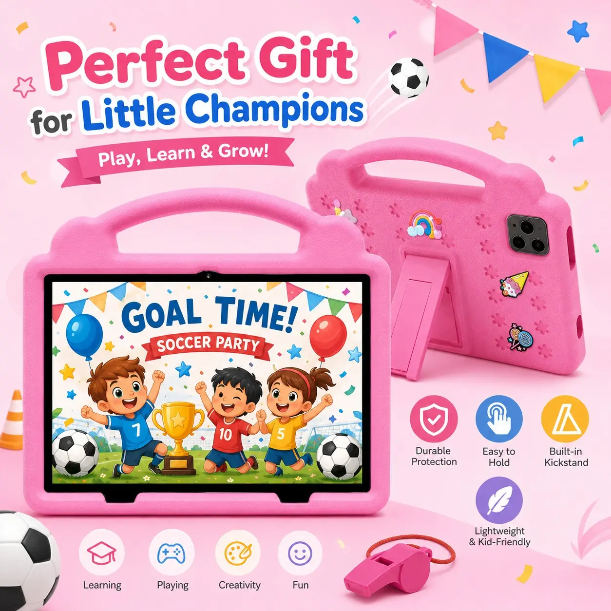 10.1 Inch Kids Tablet, 4GB RAM 64GB ROM, Android 12, Dual Camera, Kid-Proof Case with Handle, WiFi Rechargeable Learning Tablet for Toddlers