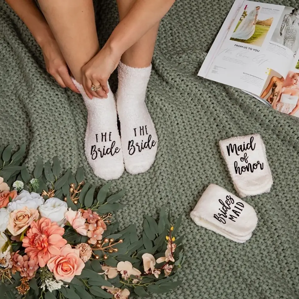 white Fuzzy Socks wedding engagement Sleepover Slumber spa Bachelorette hen night Party Bach weekend girls trip Bridal Shower decoration Honeymoon Present Bride Mrs bridesmaid Maid of Honor Proposal Gift