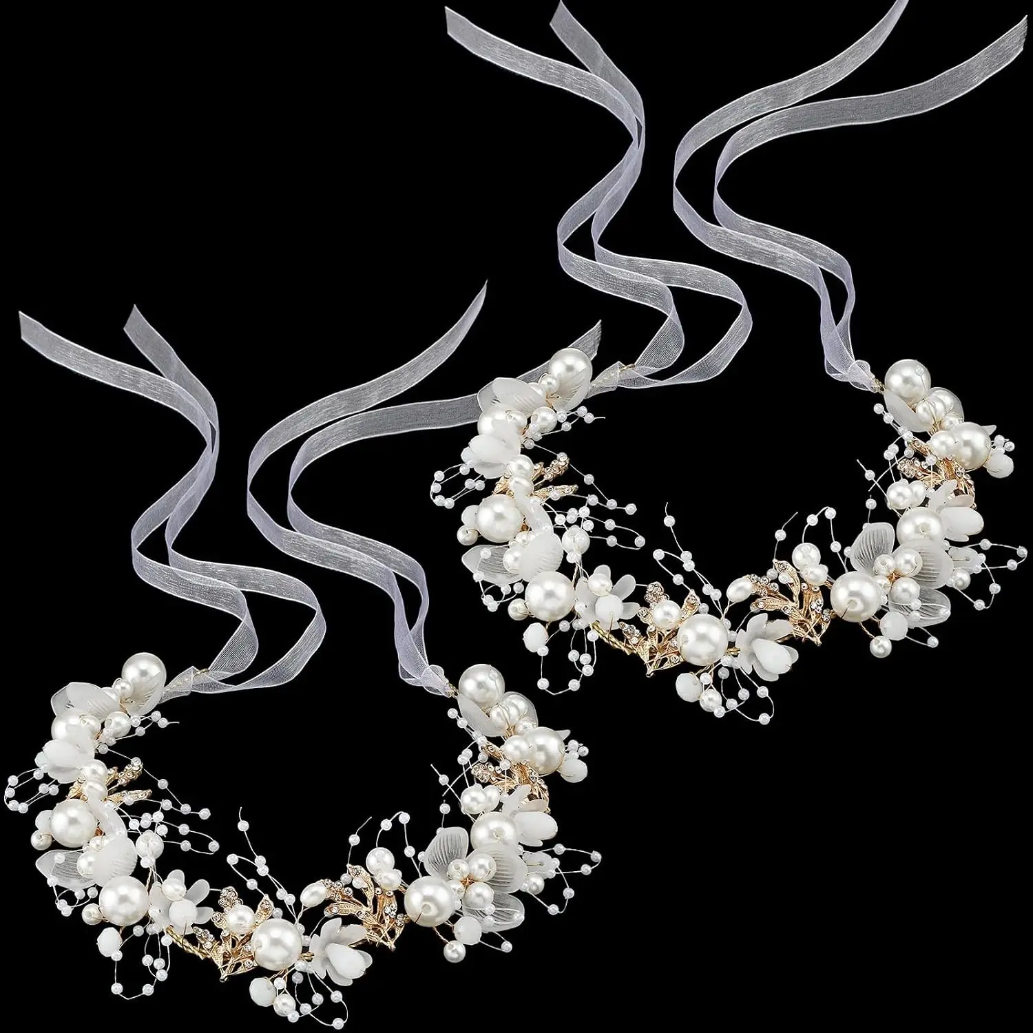 2 Pack Flower Girl Headpiece Rhinestone Crystal Princess Pearl Headband, Bridal Hair Accessories for Wedding First Communion (Gold)Gift
