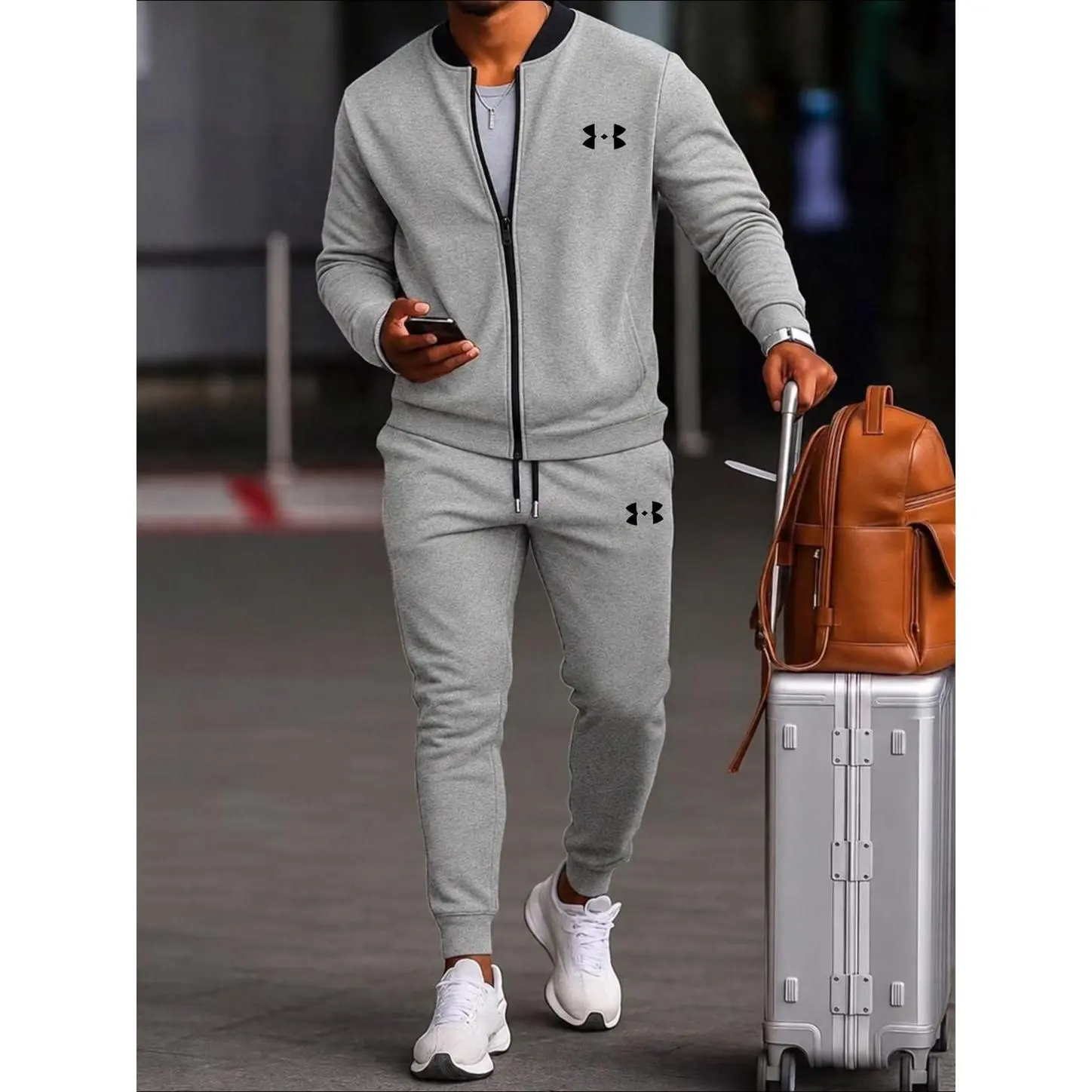 Men’s autumn/winter new sweatshirt set, zip-up jacket with baseball collar + jogger sweatpants, slim fit that is slimming and not tight.