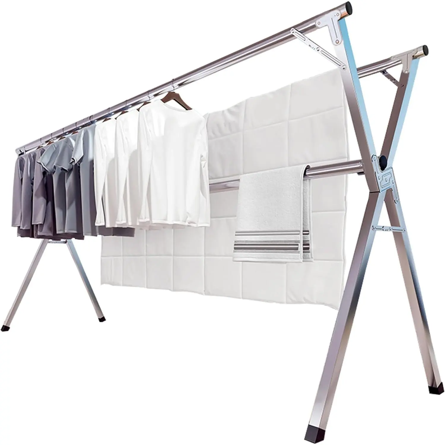 95 Inches Clothes Drying Rack, Drying Rack Clothing Folding Indoor Outdoor, Heavy Duty Stainless Steel Laundry Rack, Foldable Portable Large Clothes Rack Garment Rack with 20 Windproof Hooks
