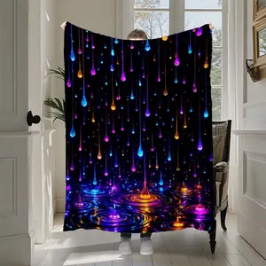 Cool Glow-In-The-Dark Colorful Raindrop Plush Blanket, Gradient Blue, Lightweight Breathable, Office Nap Cover, Cyberpunk Style