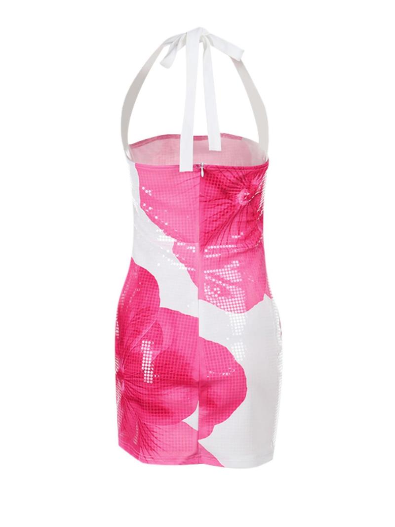 Women's Floral Print Backless Halter Bodycon Dress, Elegant Sleeveless Tie Back Short Dress for Party Club Dating Wear, Ladies Summer Clothes