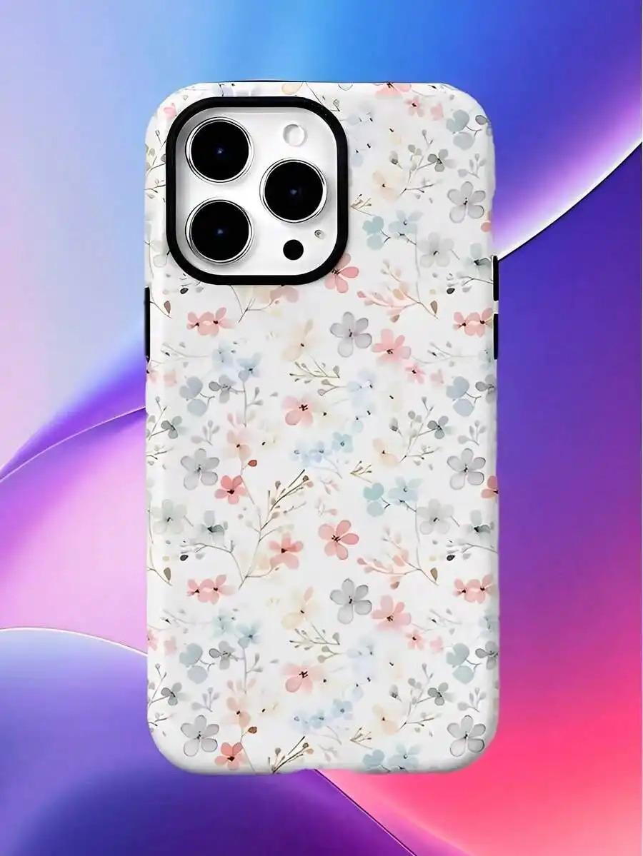 Light Pink And Light Blue Small Floral Patterns Two-In-One Texture Phone Case Suitable For Compatible With Iphone16, 15, 14, 13, 12, 11, PRO MAX,PLUS,As Well As , Galaxy Compatible with Samsung Galaxy S25