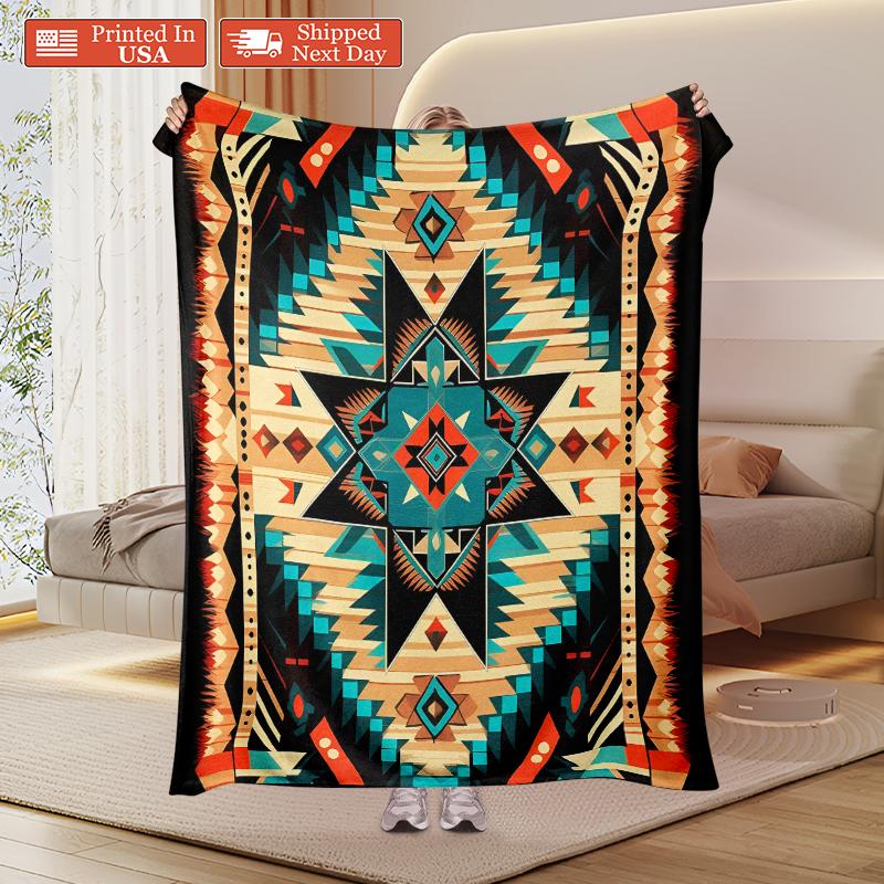Southwestern Native American Star Blanket: Authentic Tribal Geometric Throw With Navajo Inspired Design, Ultra Soft Plush Fleece Blanket Printed In USA For Western Home Decor Lovers