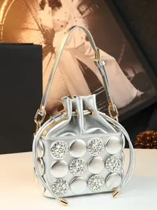 Women's Rhinestone Drawstring Bucket Bag, Adjustable Strap Crossbody Bag, Elegant Handbag for Parties and Evening Events