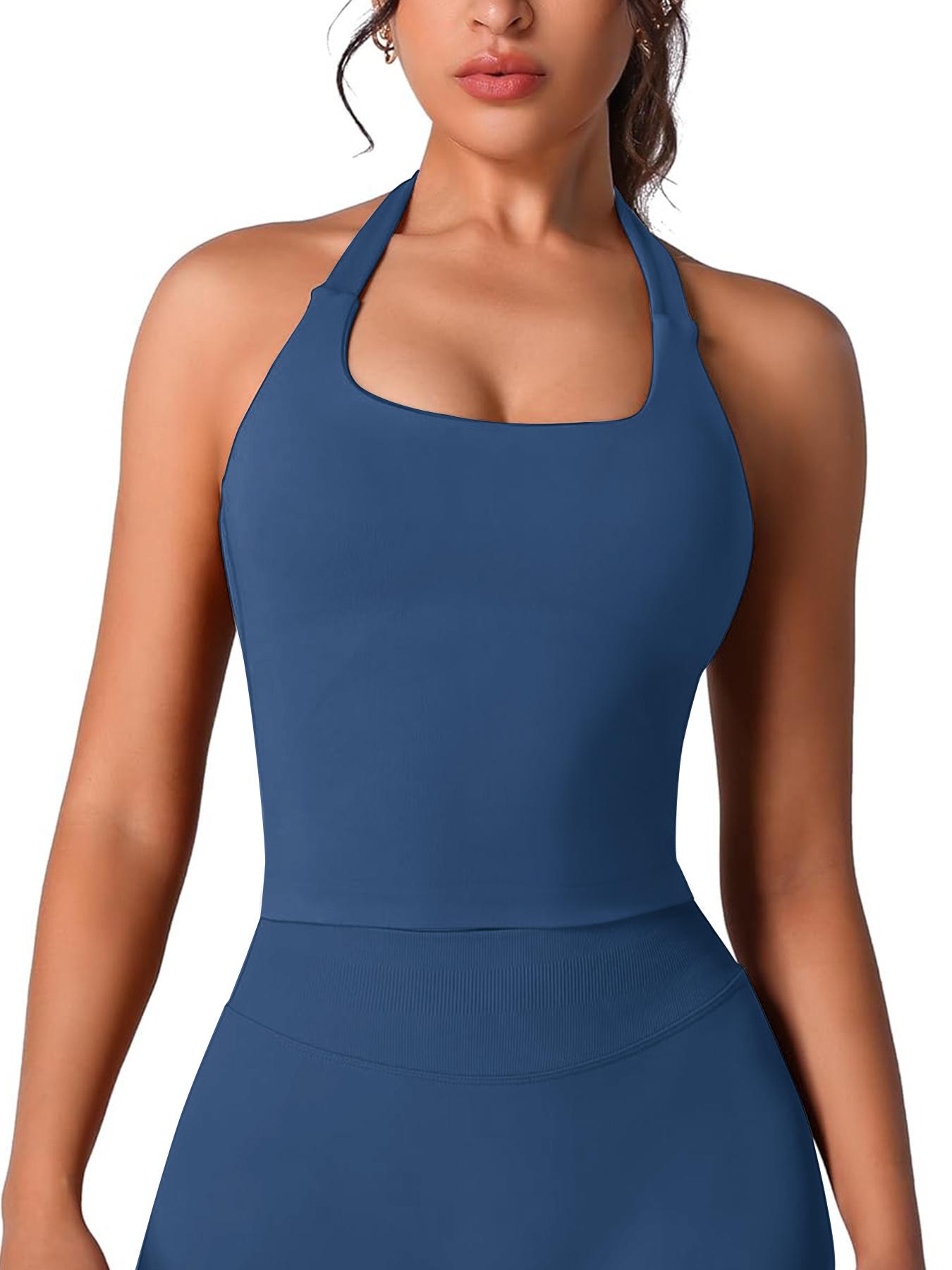 Women's Solid Removable Chest Pad Sports Tank Top, Casual Comfort and Durability Halter Neck Sports Top for Yoga Gym Workout, Ladies Sportswear for All Seasons, Backless Sports Vest, Hollow Back Activewear