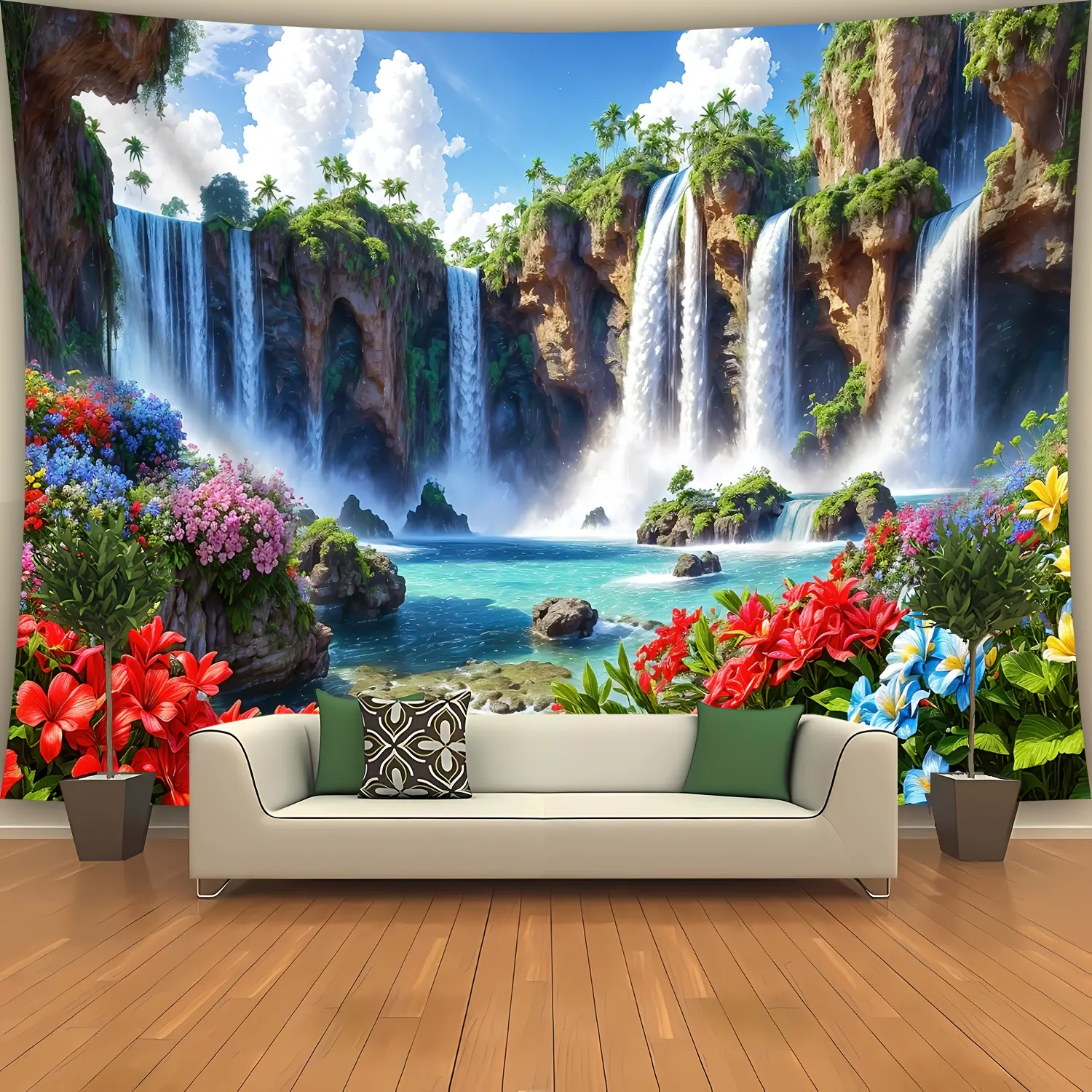 Mountains Rivers Waterfall Backdrop Scenic Nature Style Tapestry Wall Hanging, Landscape Photography Background, Premium Polyester Decorative Banner for Living Room Decor, Office Display, Event Venue, Indoor Outdoor Decoration