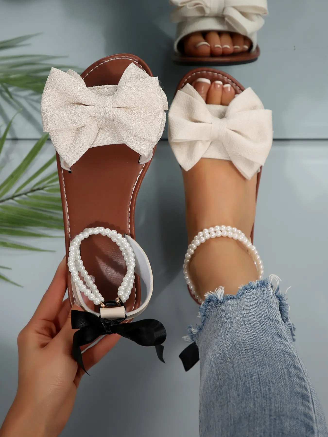 Women’s flat butterfly sandals with pearl anklet, open-toe design—summer shoes, Mother’s Day, Easter