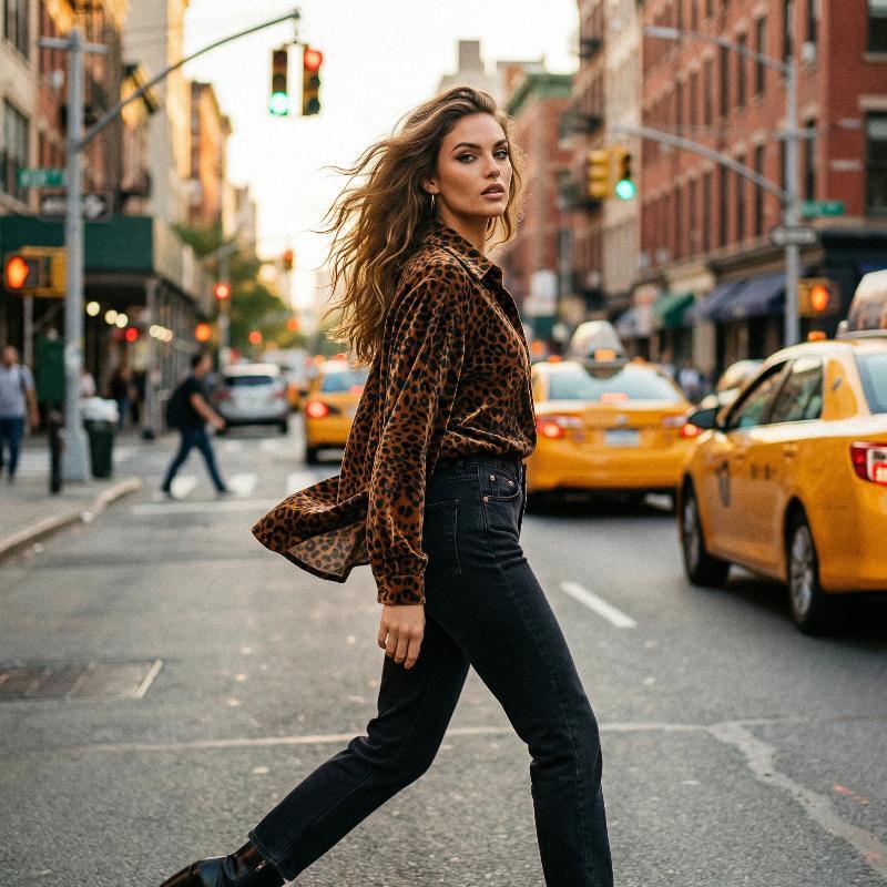 Leopard Print Collared Three Quater Sleeve Velvet Top Womenswear Fashion Blouses Shirts Elegance Soft Cute Fall Outfits