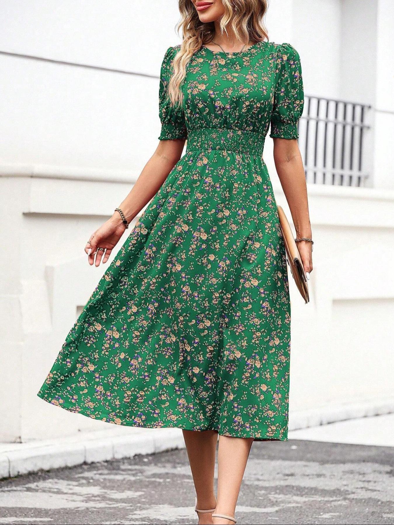 Women's Floral Print Bubble Hem Dress, Round Neck Waist Cinched Design, Boho Style Midi Skirt, Fitted Short Sleeve, All Seasons