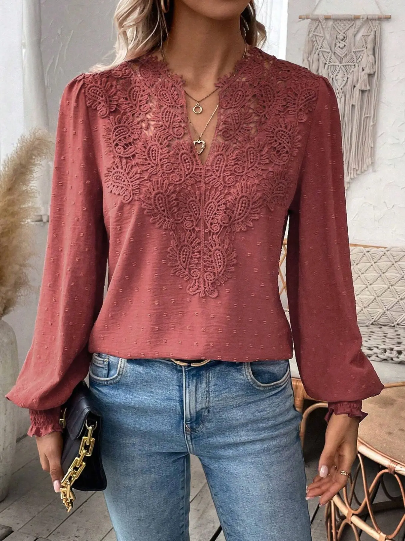 French Countryside Style Hollow Out V-Neck Shirt, 3D Embroidered Fabric, Long Sleeve Ruffle Sleeve, Soft Dating Top Feminine, Slimming Upper Garment, Boho Resort Blouse