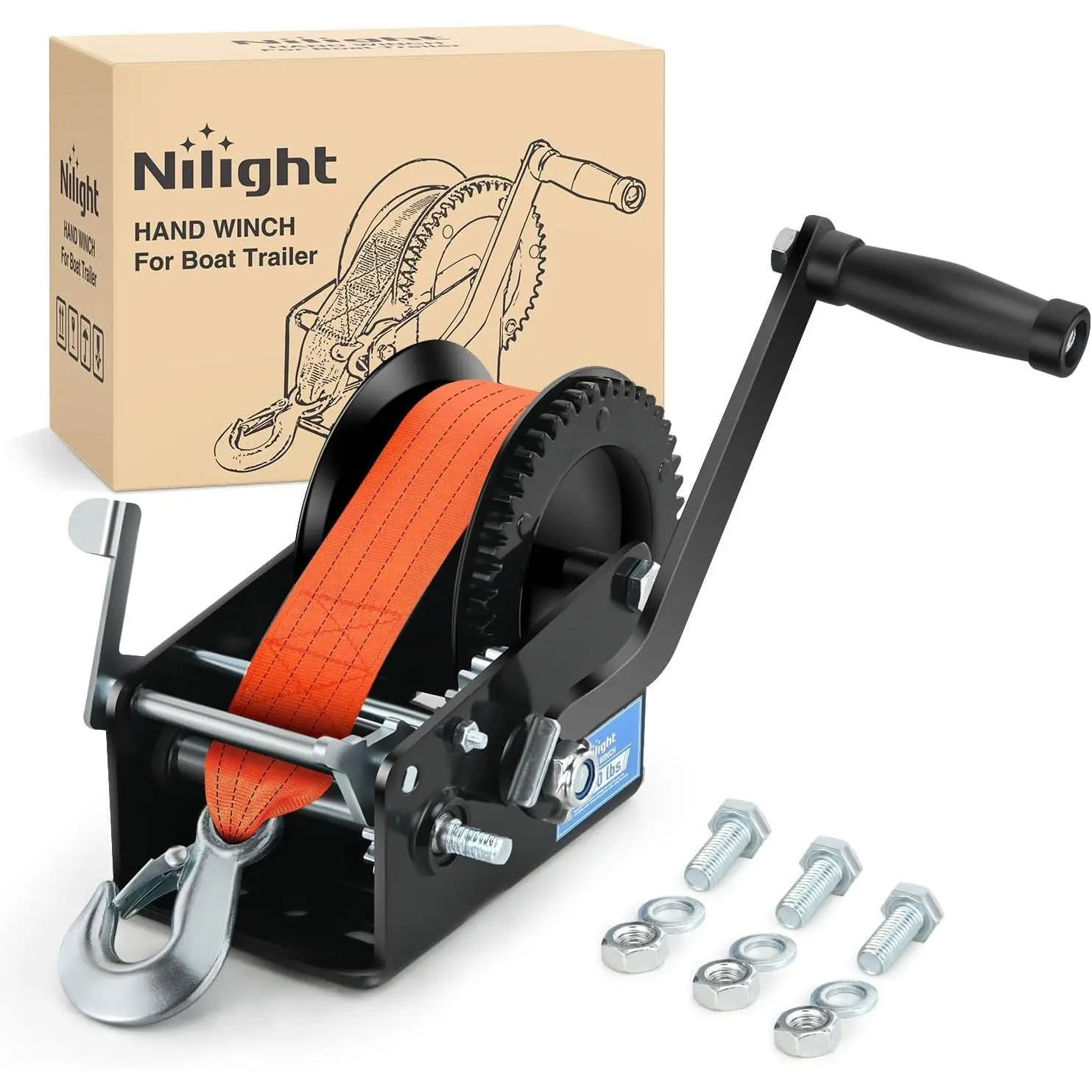 Nlilght Boat Trailer Winch 3500 LBS Hand Crank Winch Heavy Duty Boat Winches with 33 FT Orange Strap Rope Hook Two Way Ratchet 4:1 8:1 Gear Portable Marine Manual Winch for Trailers Boat RV ATV Towing