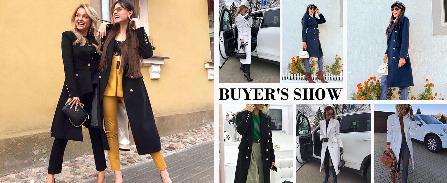 FMEYOA Women's Elegant Notched Collar Double Button Slim Long Wool Blend Pea Coat Jacket