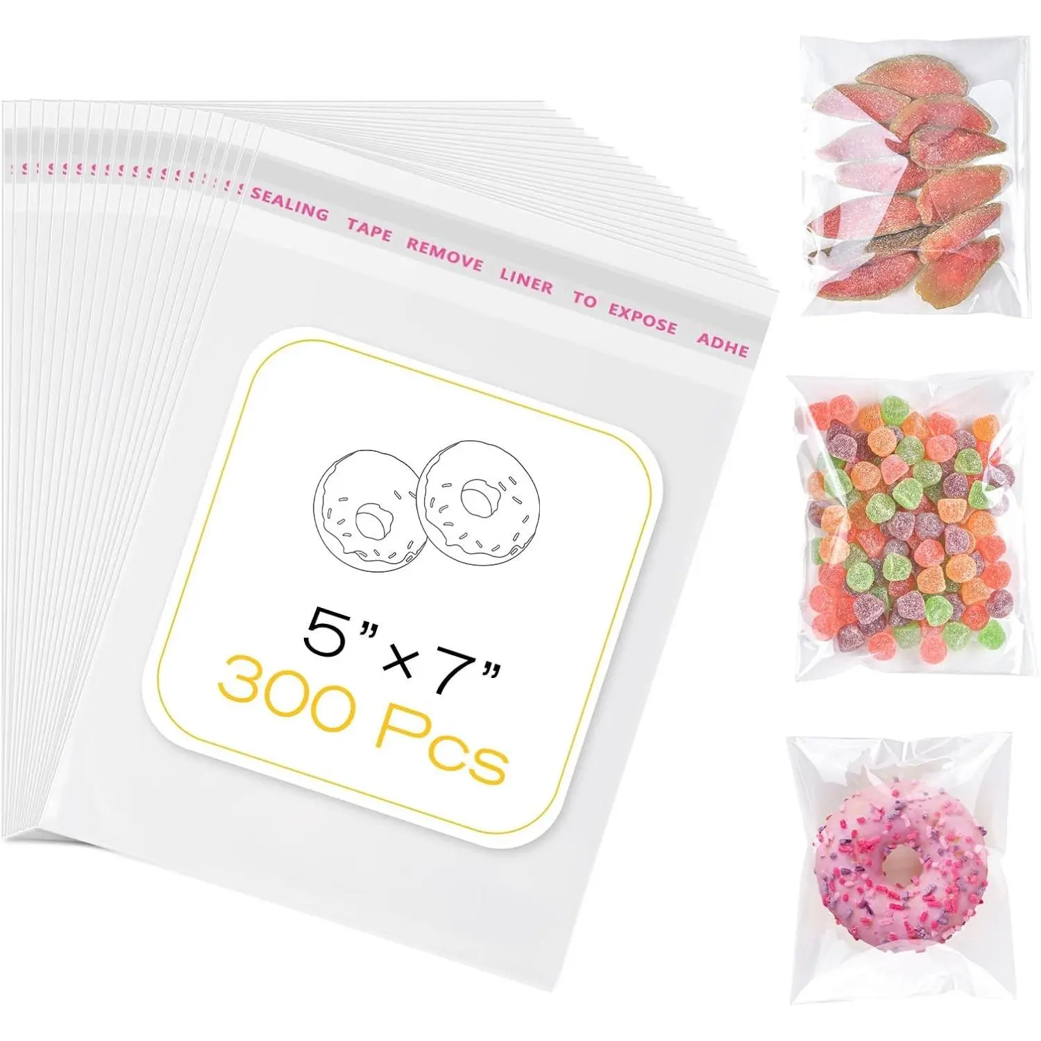 300 Pcs Clear Self Sealing Cellophane Bags, 5x7 Inches Cookie Bags Resealable Cellophane Bag for Packaging Cookies, Candy, Gifts, Favors and Products, 3 Mils Individual Self Adhesive Wrappers