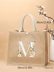 Linen Tote Bag, Includes 1 Tote Bag Printed With A-Z Letters, White Letters, Sunflower Pattern, Personalized Gift Packaging, Yellow Linen Tote Bag With White Snap Closure, Suitable For Weddings, Birthdays, Beaches, Holidays, And More