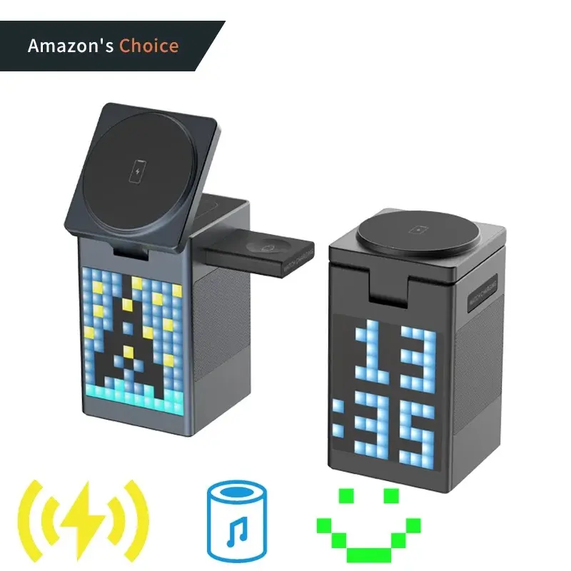 6-in-1 Multi-functional Wireless Quick Charging Dock - Pixel Animation, Alarm Clock, Bluetooth Speaker for Cellphone, Smartphone, Charging Device
