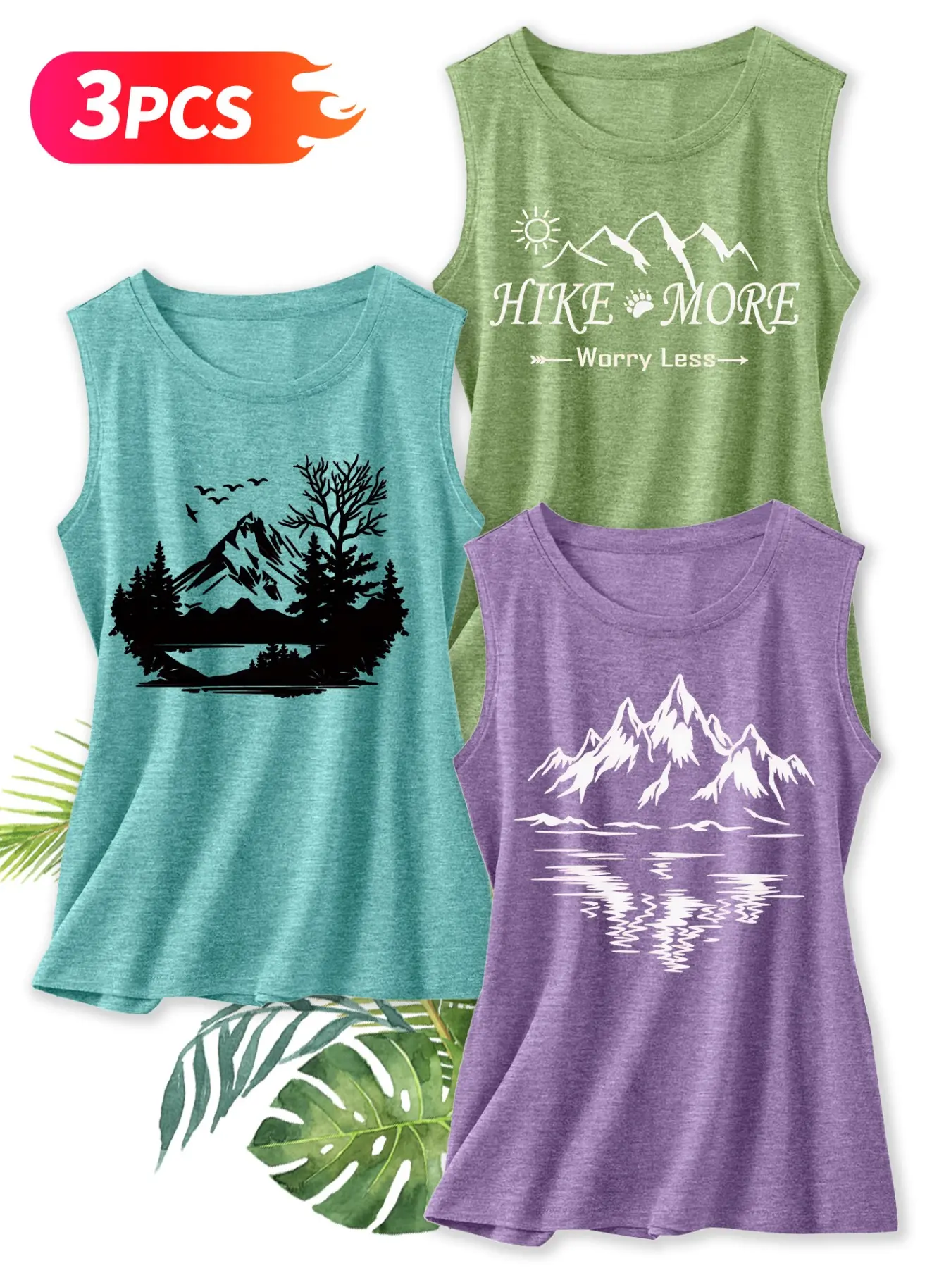 3Pcs Women Crew Neck Sleeveless Tank Top, Mountain Forest Hike More Outdoor Hiking Minimal Landscape Print, Multi-color Washable Soft Spring Summer Daily Fashion Top