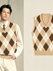 Vintage Rhombus Knit Vest, Autumn College Style Fashion, Men's Retro Knit Vest, Elegant Diamond Pattern Jacket, Perfect for Fall