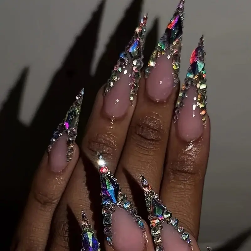 10 Pcs Long Ballerina Nails, Naked Handmade Wearable Armor, Multi-Layer Gemstone Side Rhinestones, Detachable Nail Polish, S/m/l Sizes, Nail Accessories