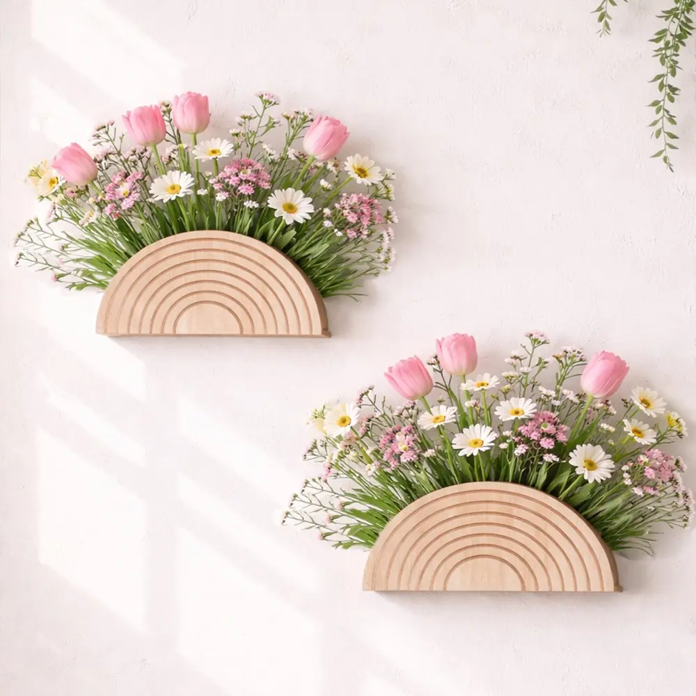 2-Pack Rustic Wooden Wall-Mounted Flower Pots, Bohemian Semi-Elliptical Hanging Planter, Modern Farmhouse Decor for Living Room, Entryway, Bathroom