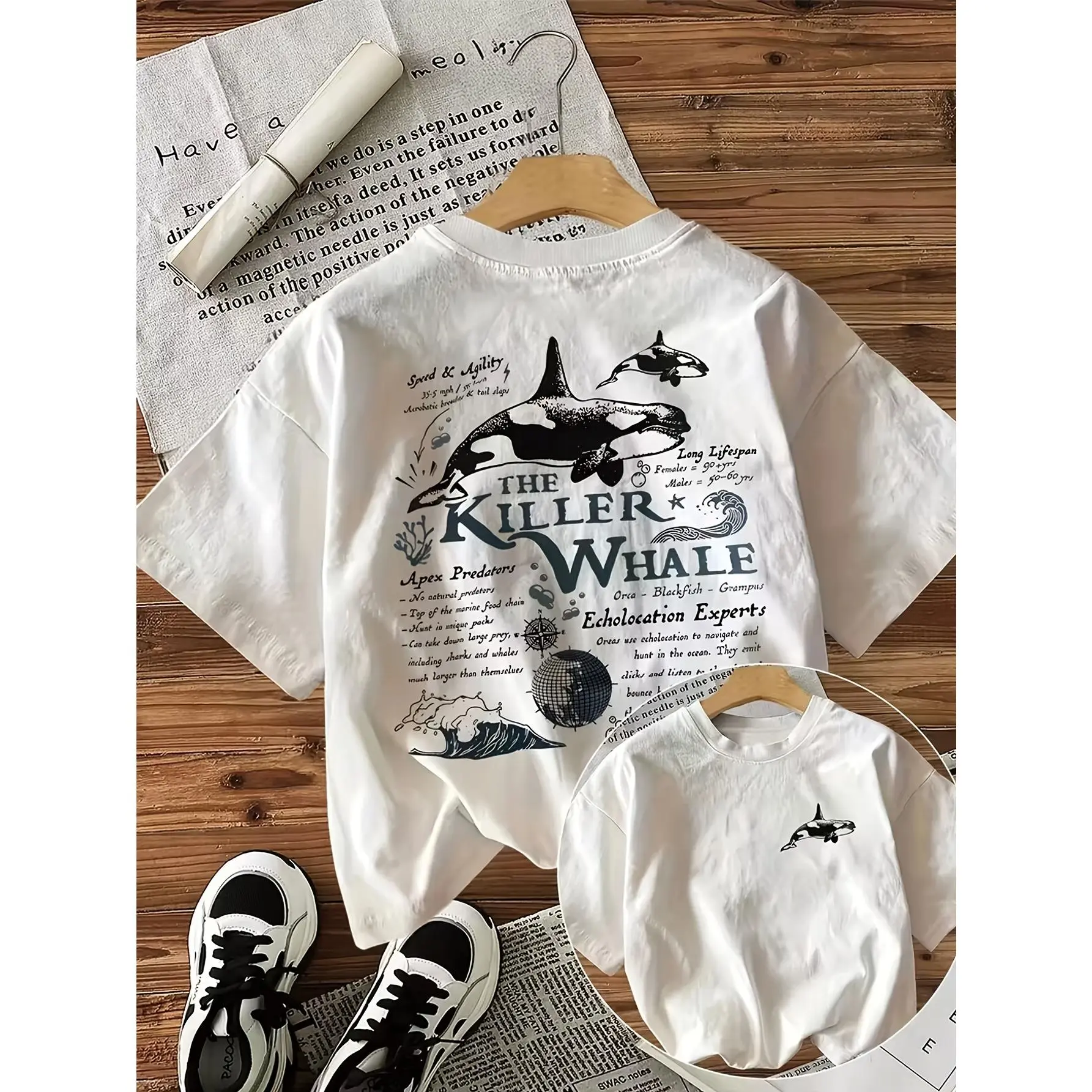 The Killer Whale Orca Double Sided T-Shirt, Vintage Ocean Biology Fact Back Print, Minimal Orca Chest Graphic Short Sleeve Tee, Marine Wildlife Aesthetic Casual Crew Neck Top For Nature Ocean Lovers