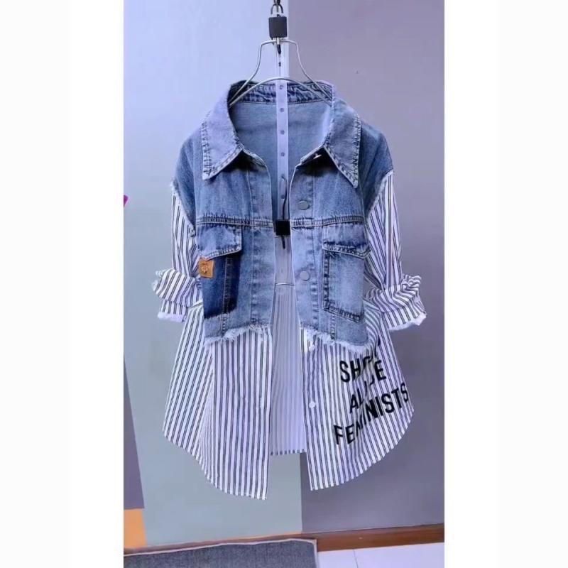 Women Denim Jacket Fake Two Denim Shirts 2025 New Spring Summer Autumn Casual Fashion Joker Stitching Striped Tops Coat Female