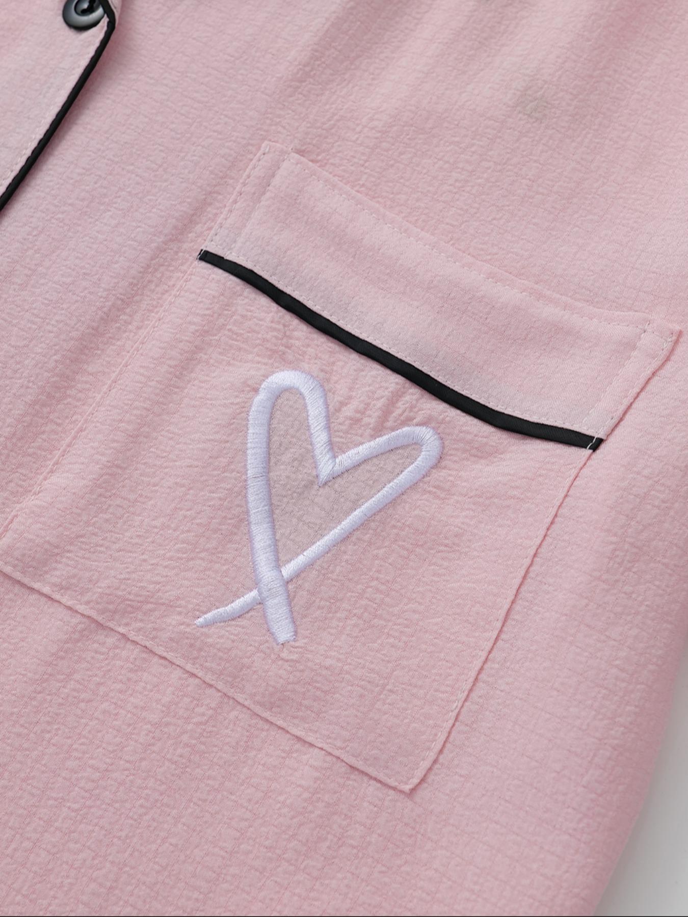 Women's Heart Embroidery Short Sleeve Pajama Set, Basic Casual Comfy Lapel Neck Pocket Shirt & Shorts Pj Set, Ladies Sleepwear for All Seasons, Loungewear